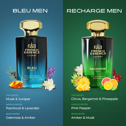 Recharge & Bleu Men's Perfume Combo Pack 60ML Each (Pack of 2)