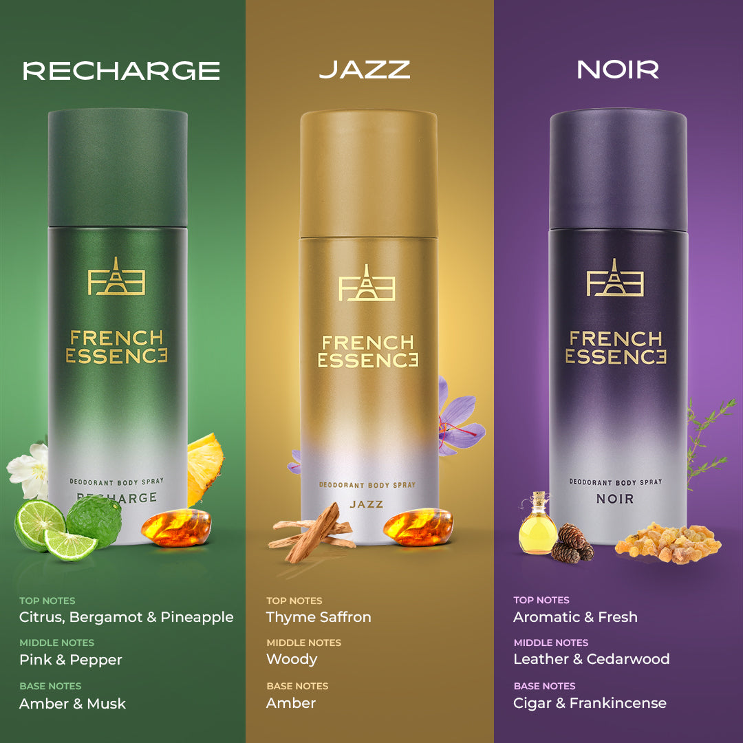 Combi Pack of Jazz, Noir & Recharge Deodorant Spray for Men (150ml, Pack of 3)